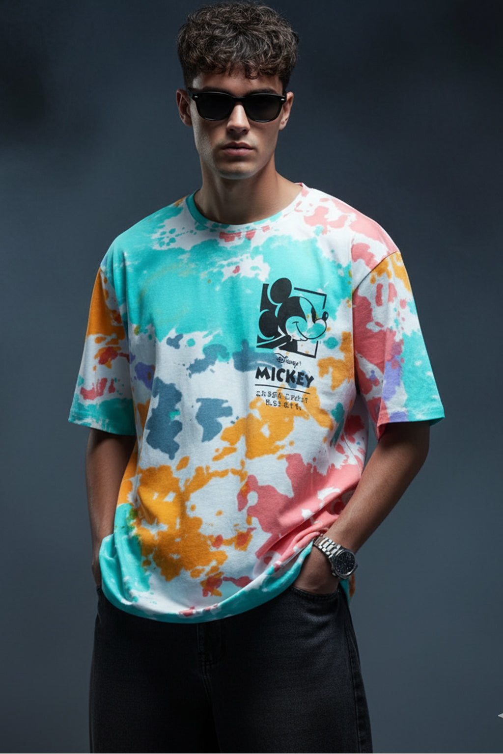 Mickey Loves Music White Oversized Tie-Die Printed T-shirt