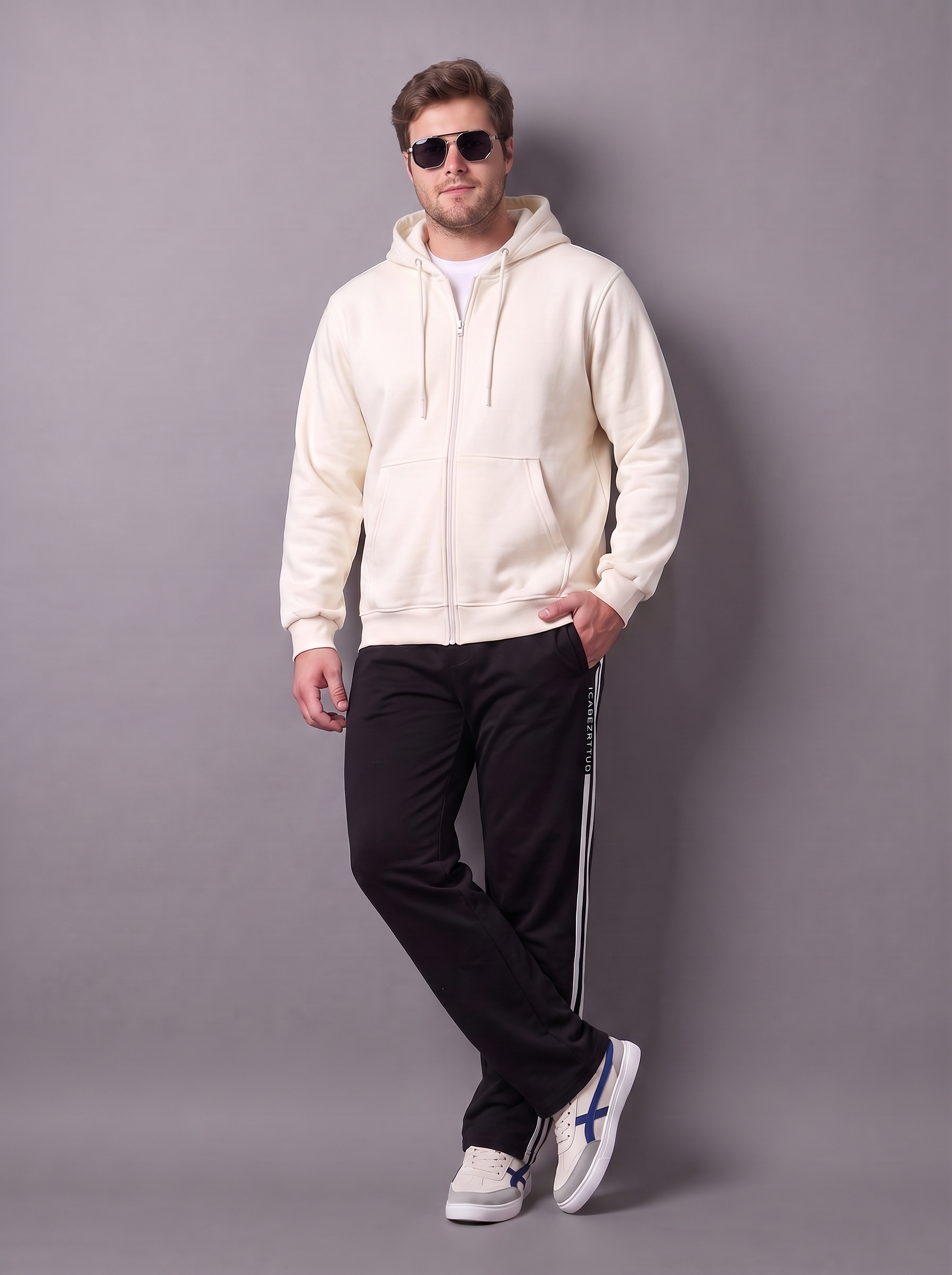 Beige Ribbed Cuff Regular Fit Zip-Up Plus Size Hoodie