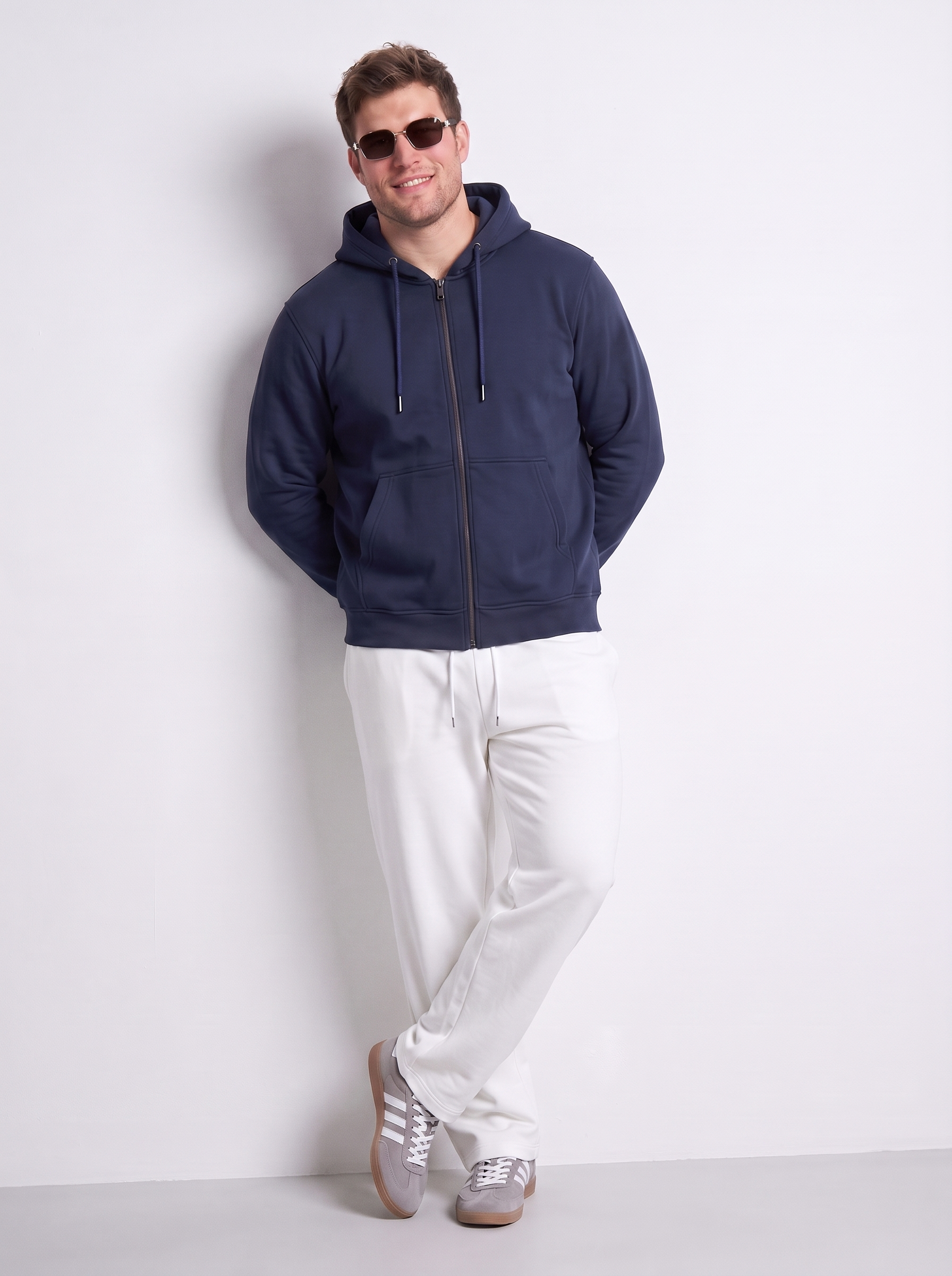 Navy Ribbed Cuff Regular Fit Zip-Up Plus Size Hoodie
