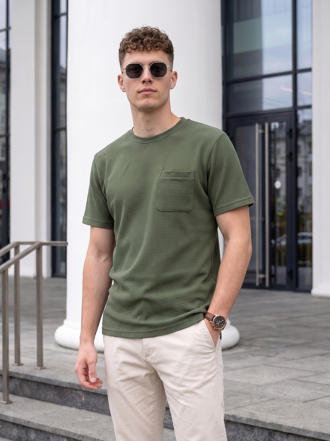 Olive Chest Pocket Waffle Textured Regular Fit T-Shirt