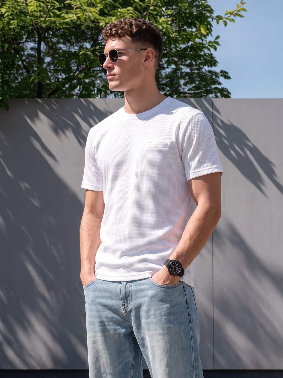 White Chest Pocket Waffle Textured Regular Fit T-Shirt