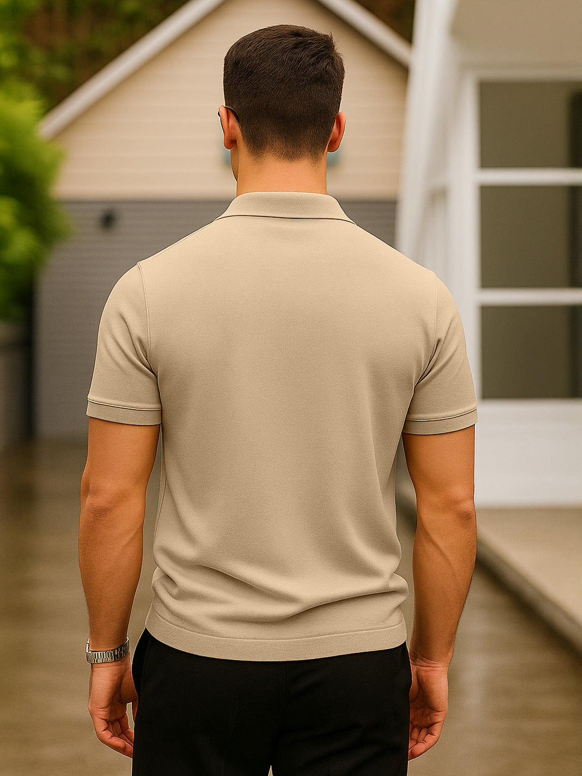 Beige Pique Plain Regular Fit Zipper Polo T-shirt