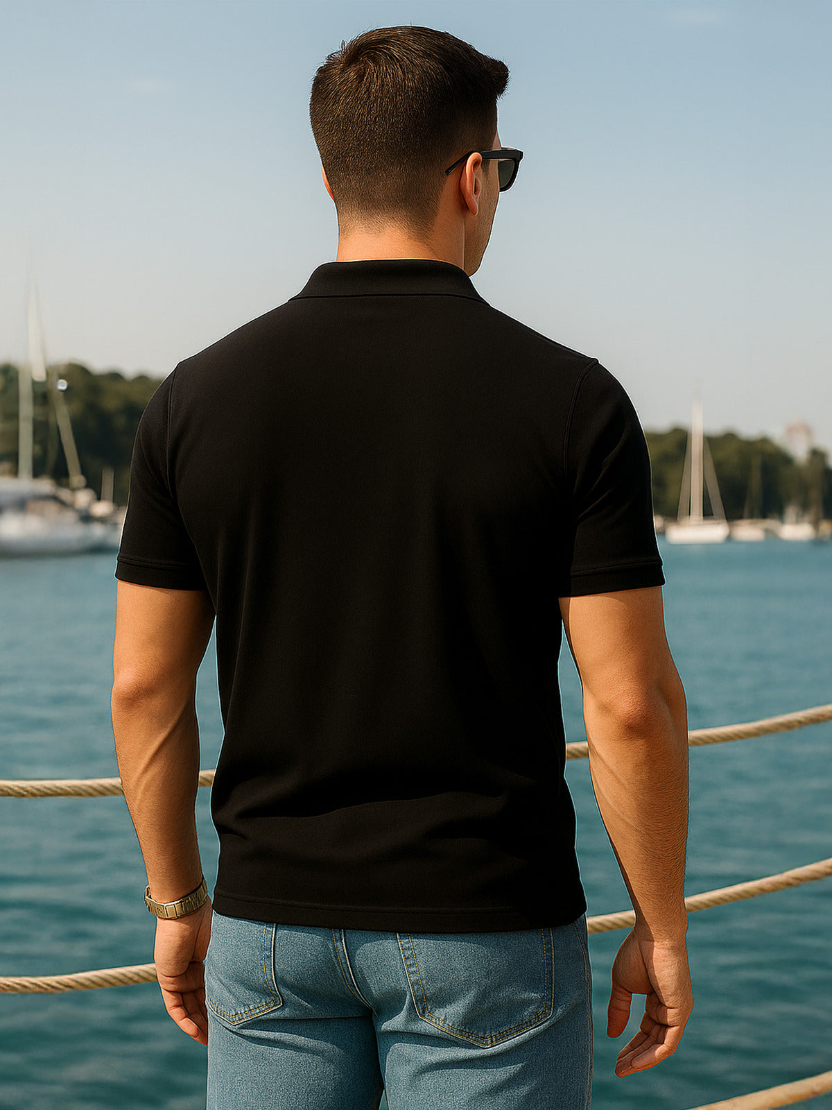 Black Pique Plain Regular Fit Zipper Polo T-shirt