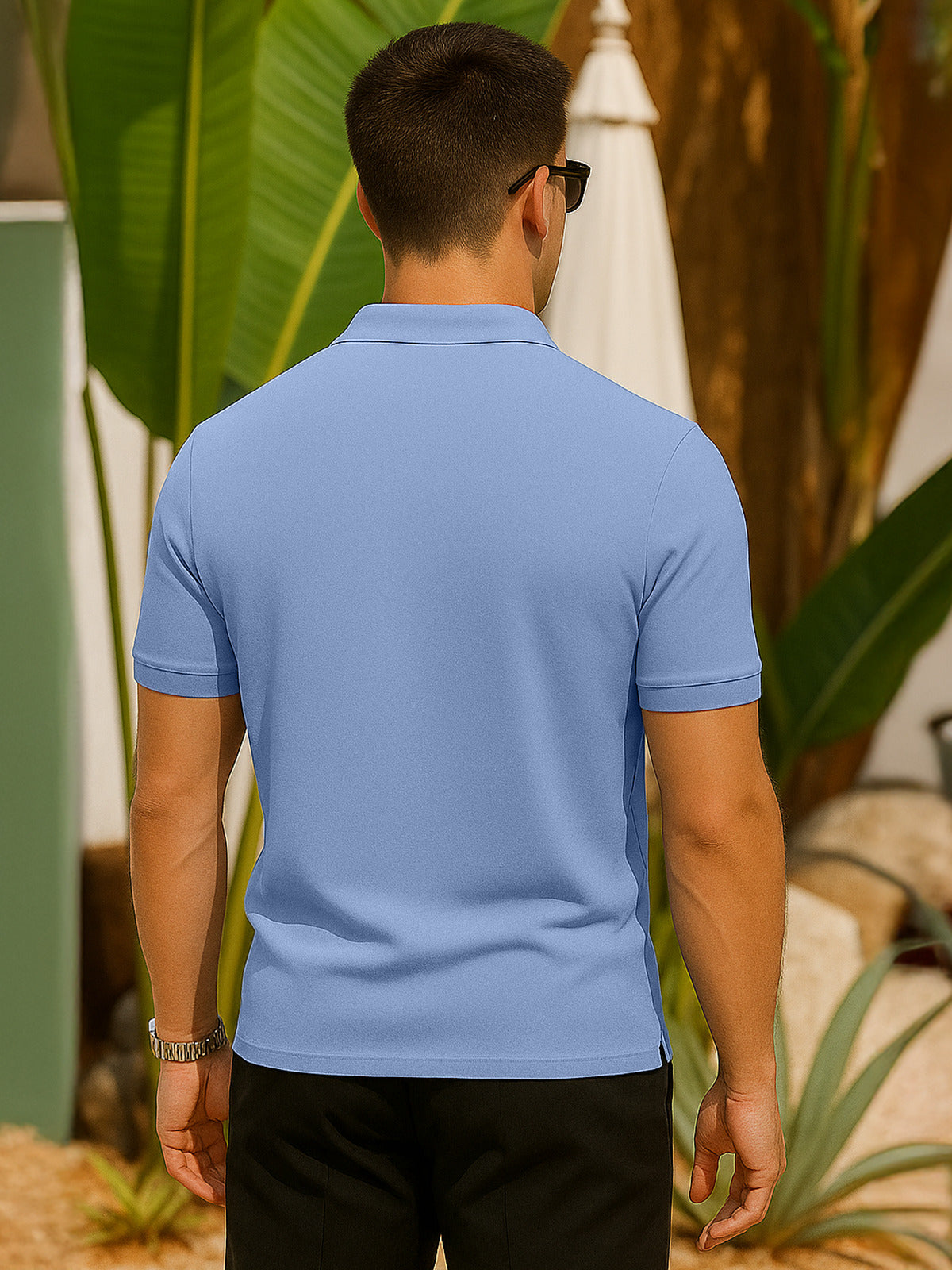 Blue Pique Plain Regular Fit Zipper Polo T-shirt