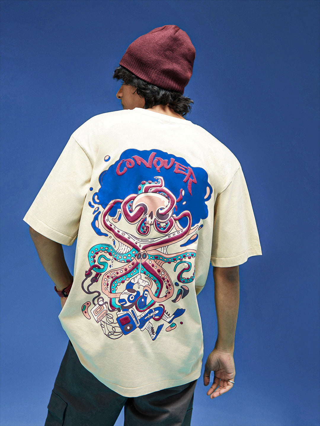 Conquer SwanWhite Oversized Puff Printed Exclusive T-shirt