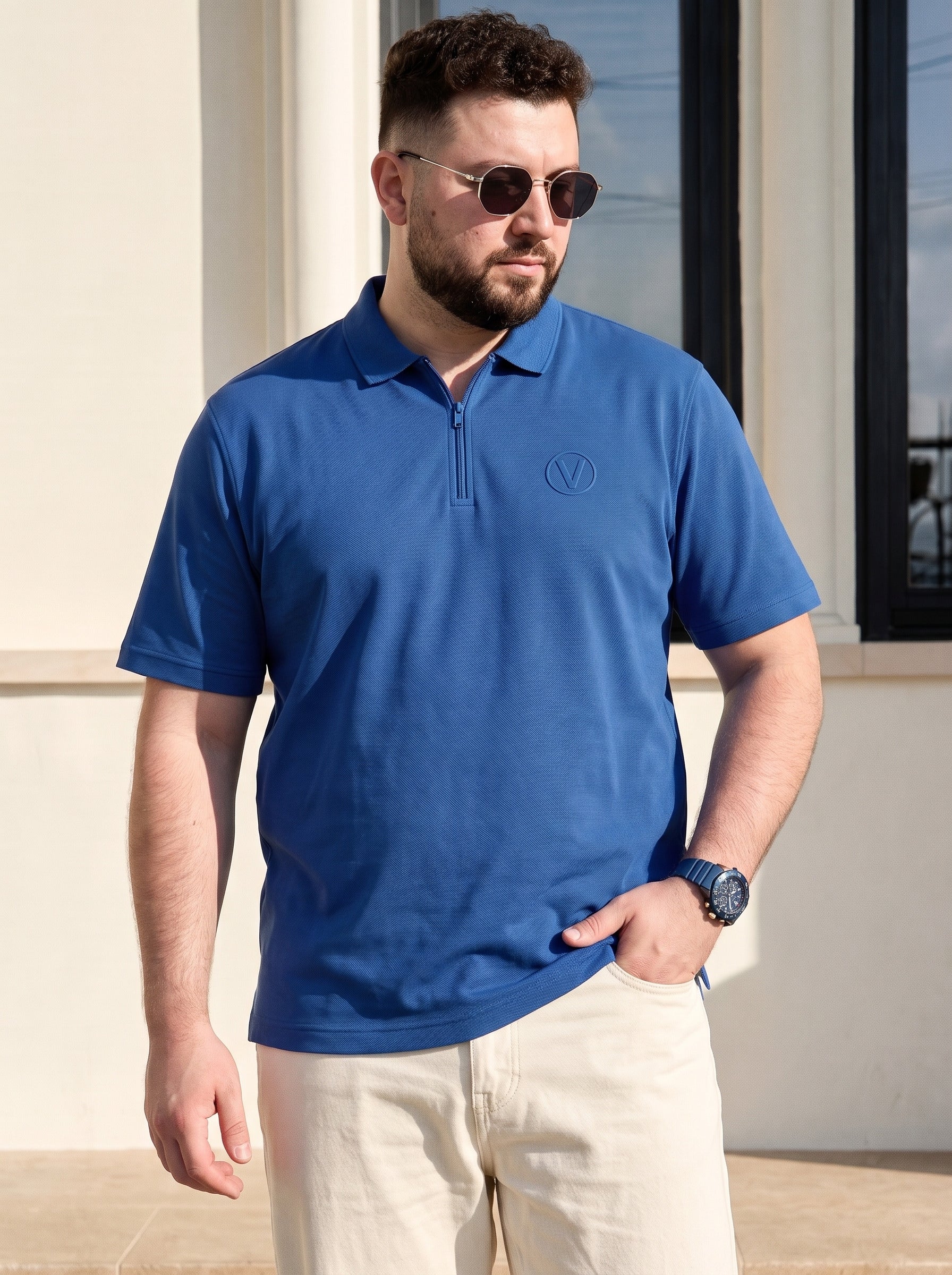Royal Blue Interlock Plain Plus Size Zipper Polo T-shirt