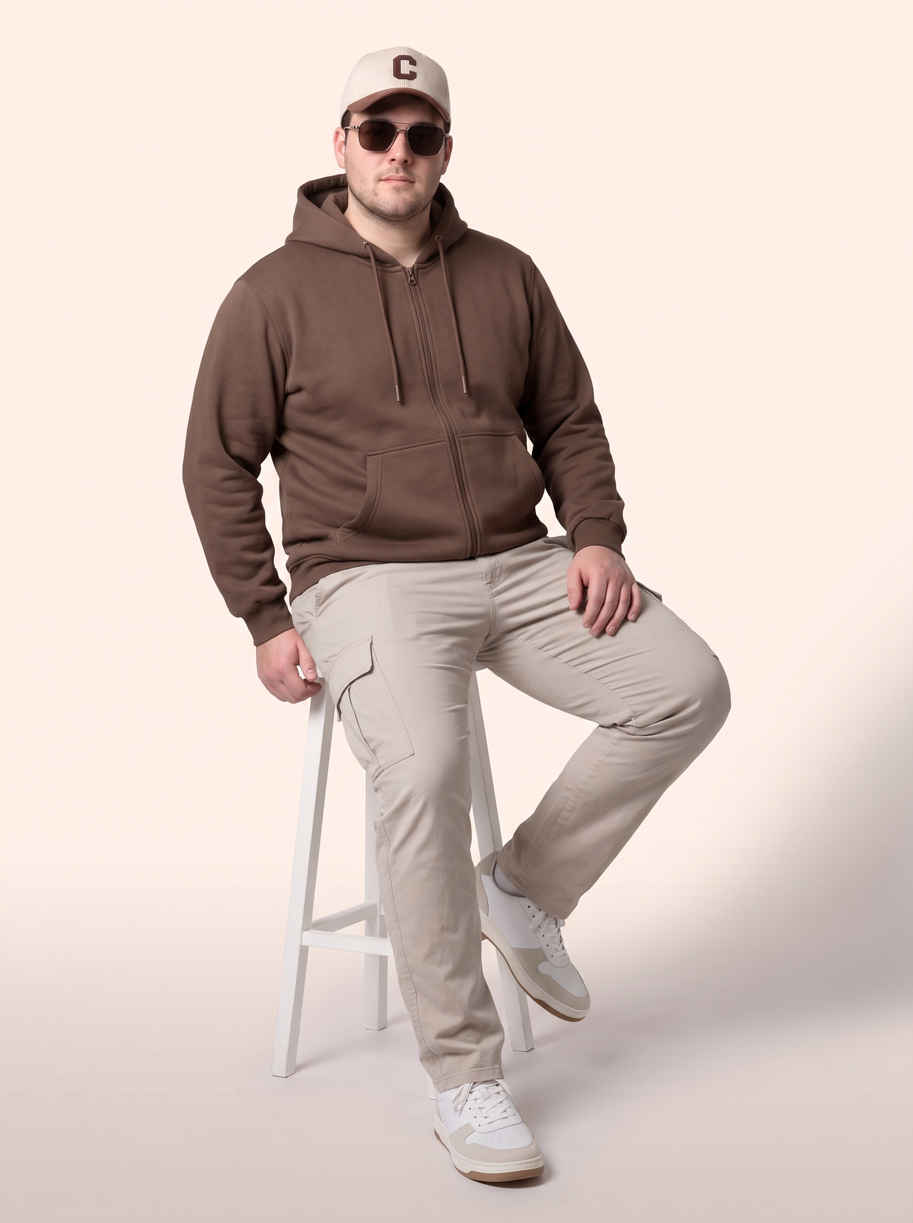 Brown Ribbed Cuff Regular Fit Zip-Up Plus Size Hoodie