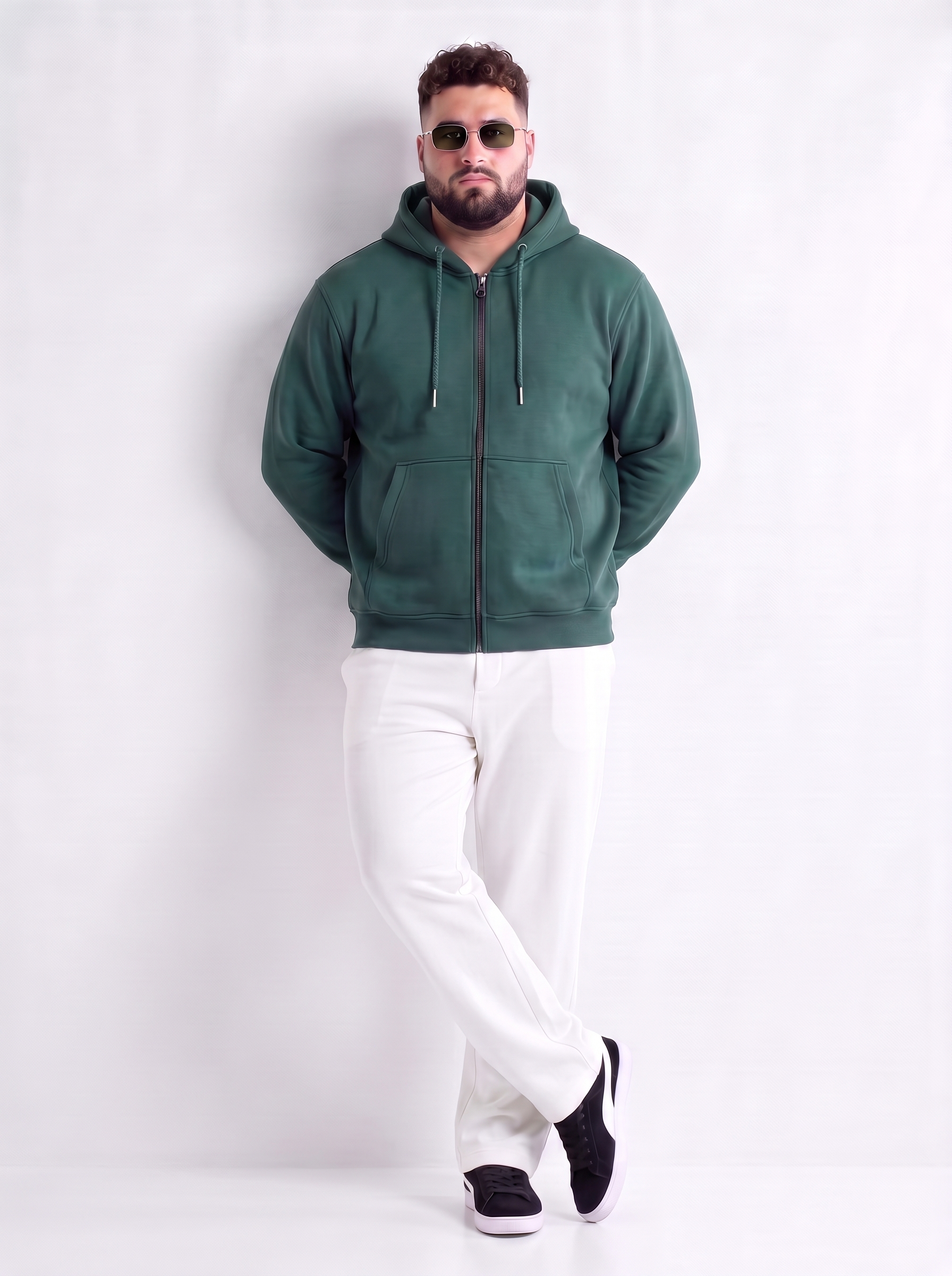 Green Ribbed Cuff Regular Fit Zip-Up Plus Size Hoodie