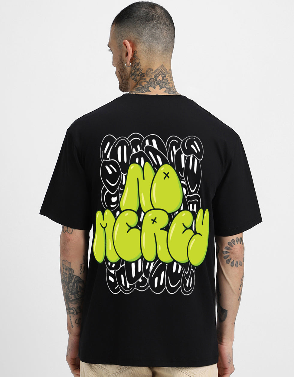 NO MERCY Black Back Typographic Printed Tshirt