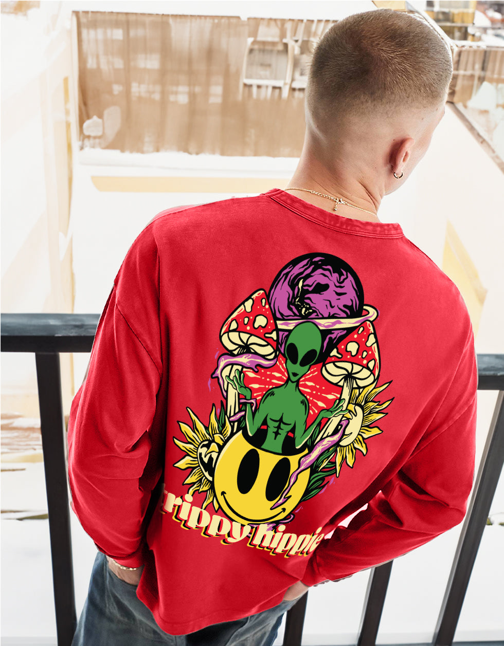 TRIPPY HIPPIE Red Back Graphic Printed Full Sleeve Tshirt