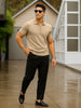 Beige Pique Plain Regular Fit Zipper Polo T-shirt