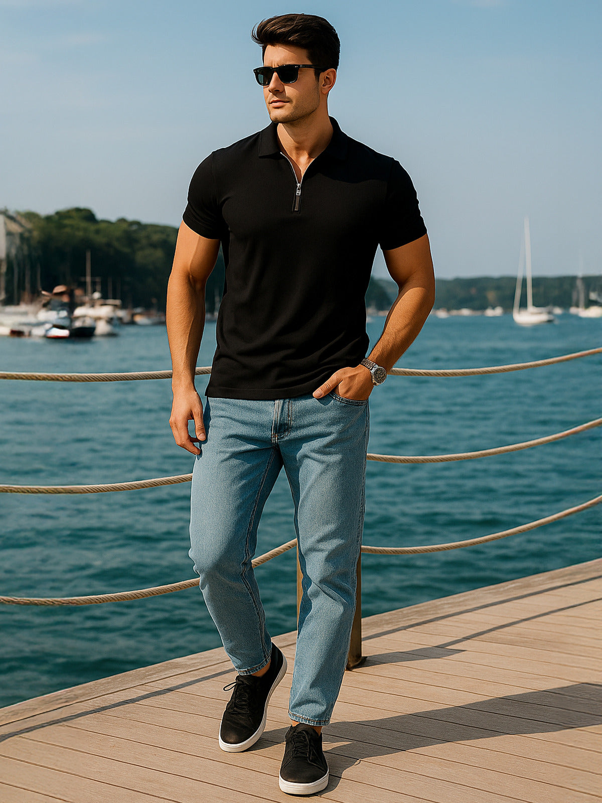 Black Pique Plain Regular Fit Zipper Polo T-shirt