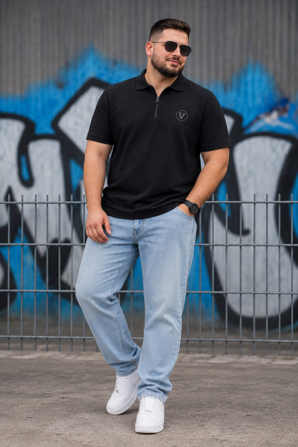 Black Interlock Plain Plus Size Zipper Polo T-shirt