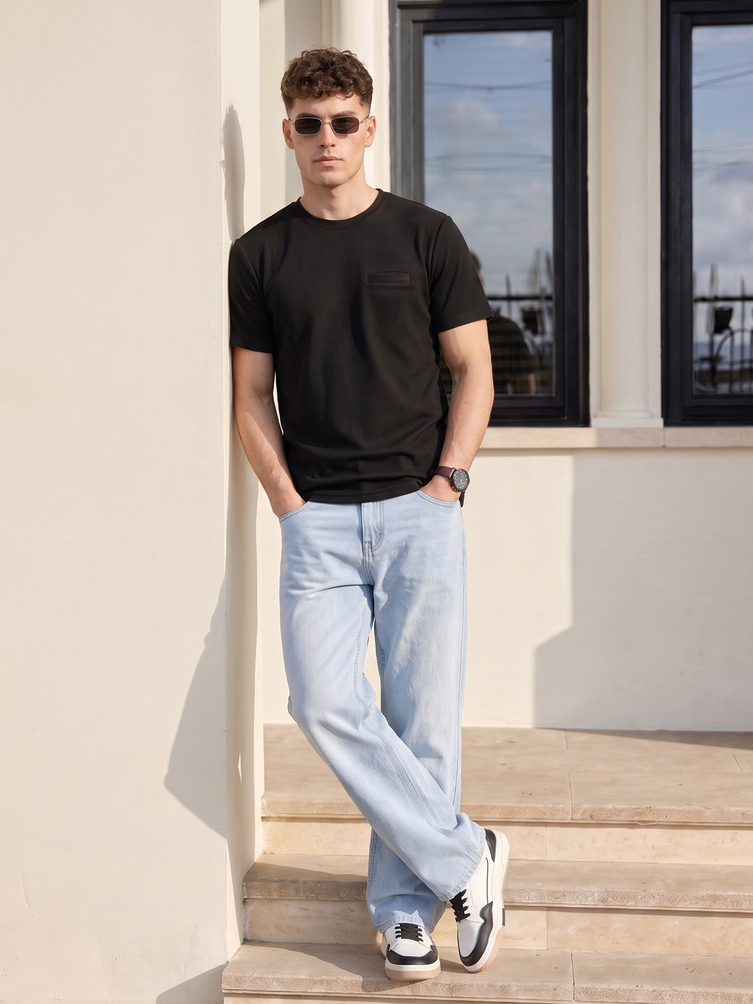 Black Chest Pocket Waffle Textured Regular Fit T-Shirt