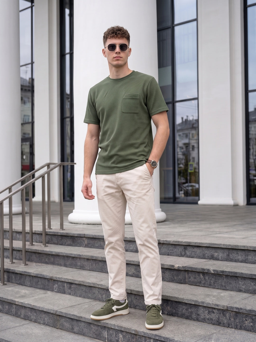 Olive Chest Pocket Waffle Textured Regular Fit T-Shirt