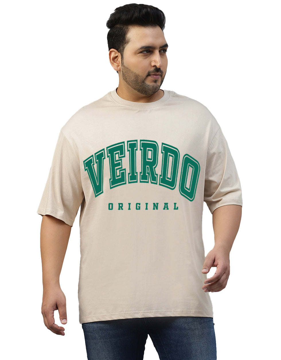 Veirdo Original Beige Oversized Plus Size Graphic Printed Tshirt