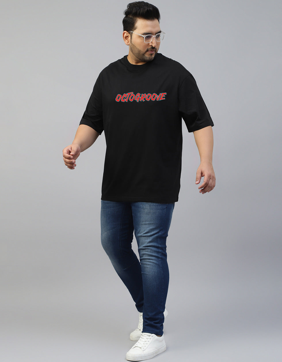 Octogroove Black Oversized Back Printed Plus Size Tshirt