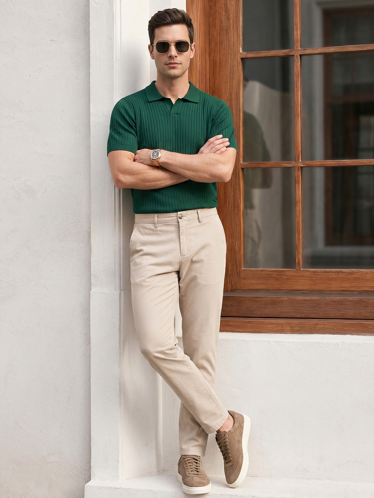 Green Ribbed Flatknit Textured Regular Fit Exclusive Polo T-Shirt