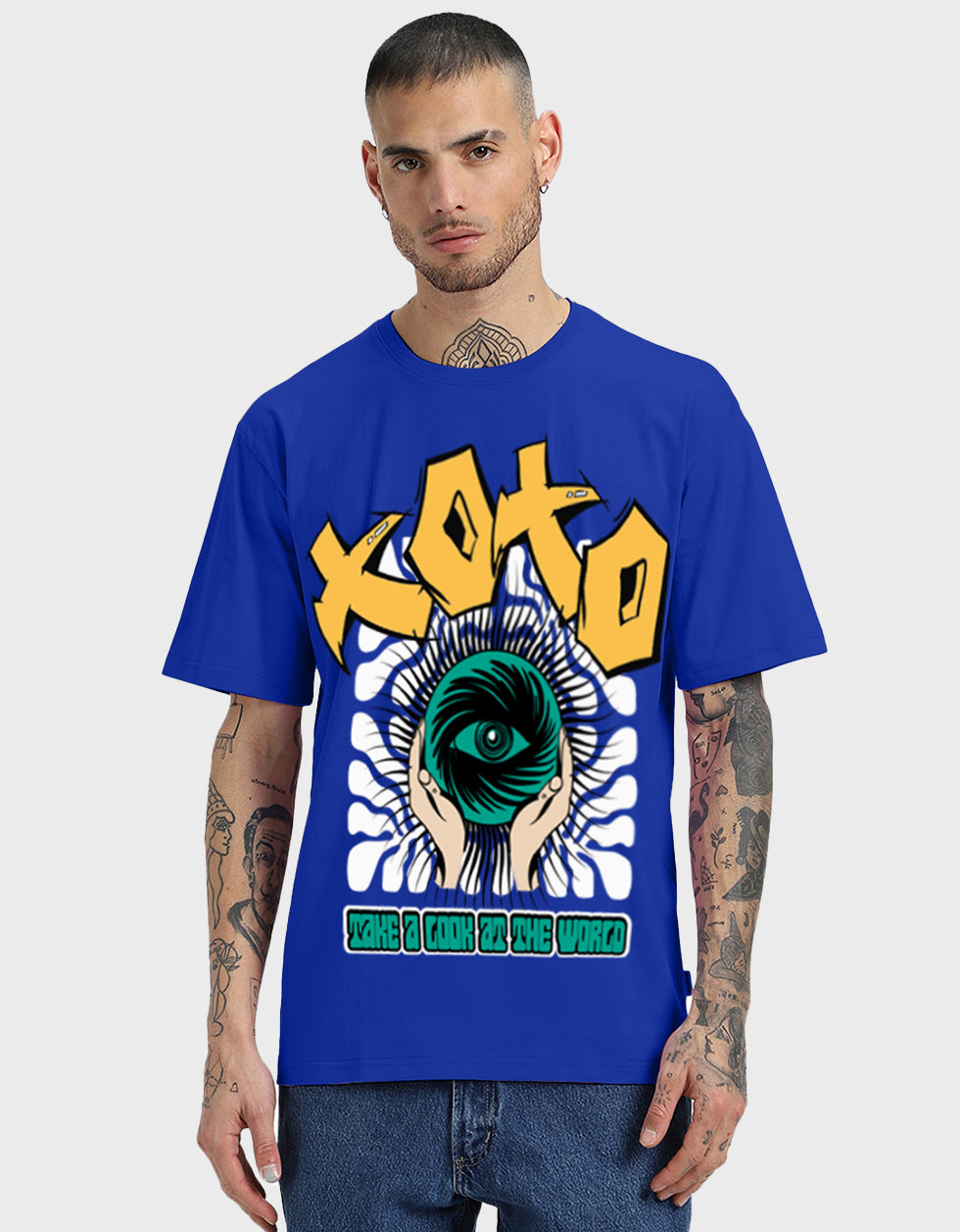 XOXO Printed Blue Men's Front Typographic Printed Tshirt
