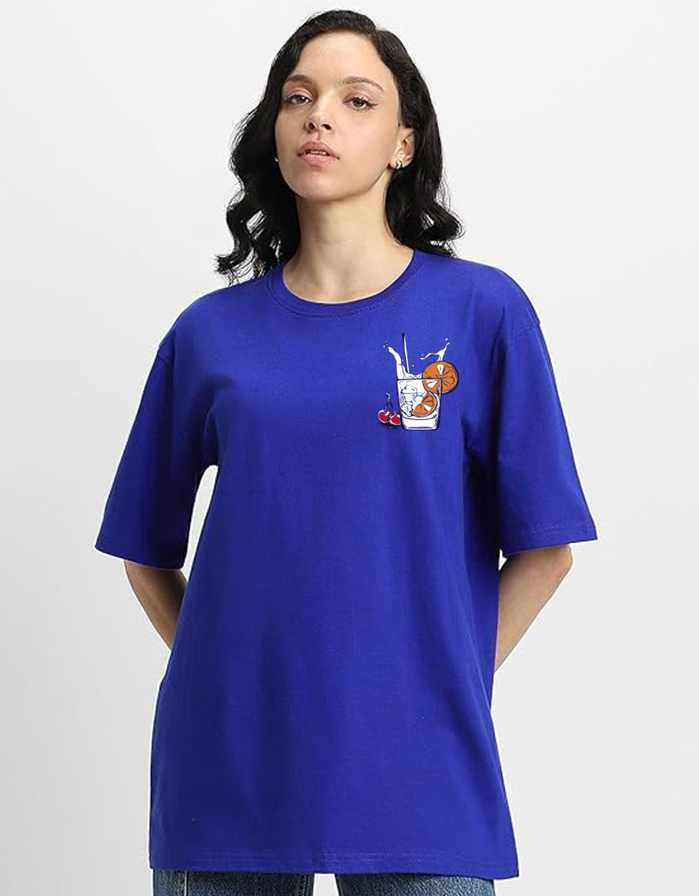 GLASS OF MILK Women Blue Oversized Back Printed Tshirts