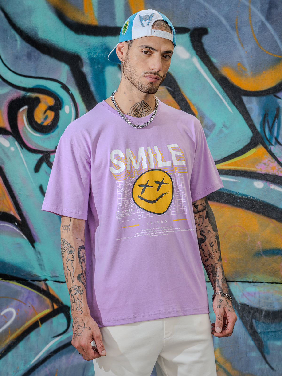 Smile Lilac Oversized Chest Graphic Printed Tshirt