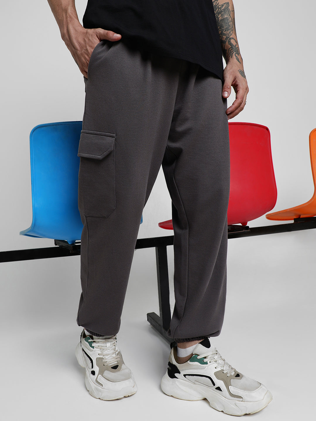 Grey Solid Baggy Fit Cargo Pants