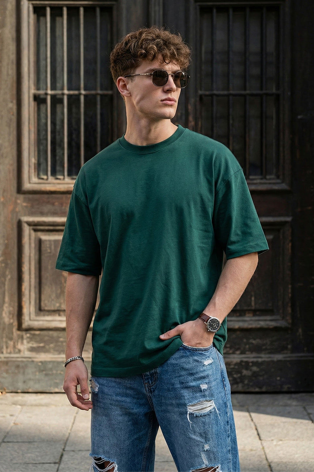 Dark Green Plain Oversized T-shirt