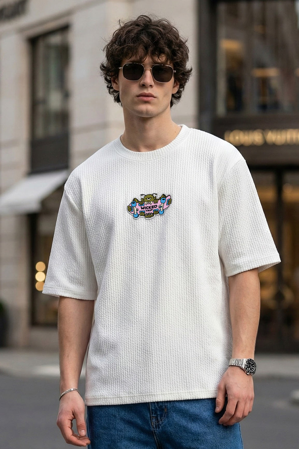 Wicked Trip White Oversized Textured Exclusive T-shirt