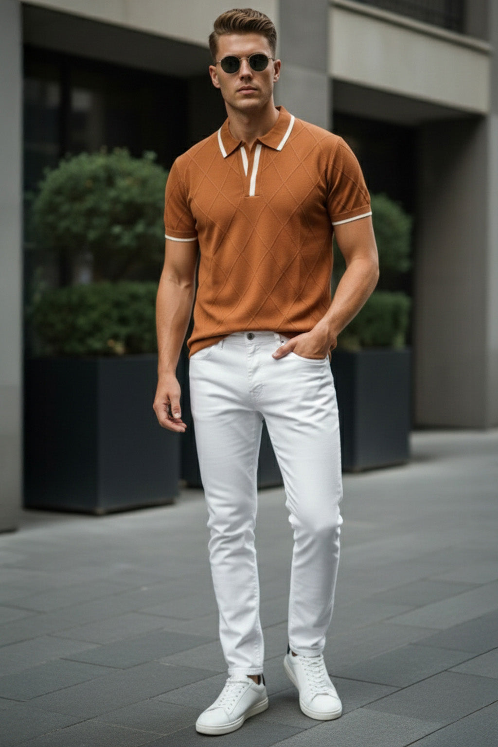 Brown Diamond Wave Flatknit Textured Regular Fit Exclusive Polo T-Shirt