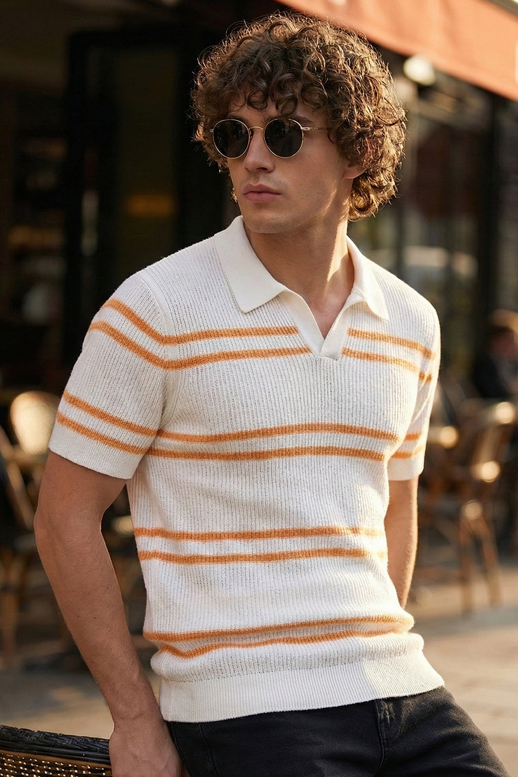 White & Yellow Stripped Flatknit Textured Regular Fit Exclusive Polo T-Shirt