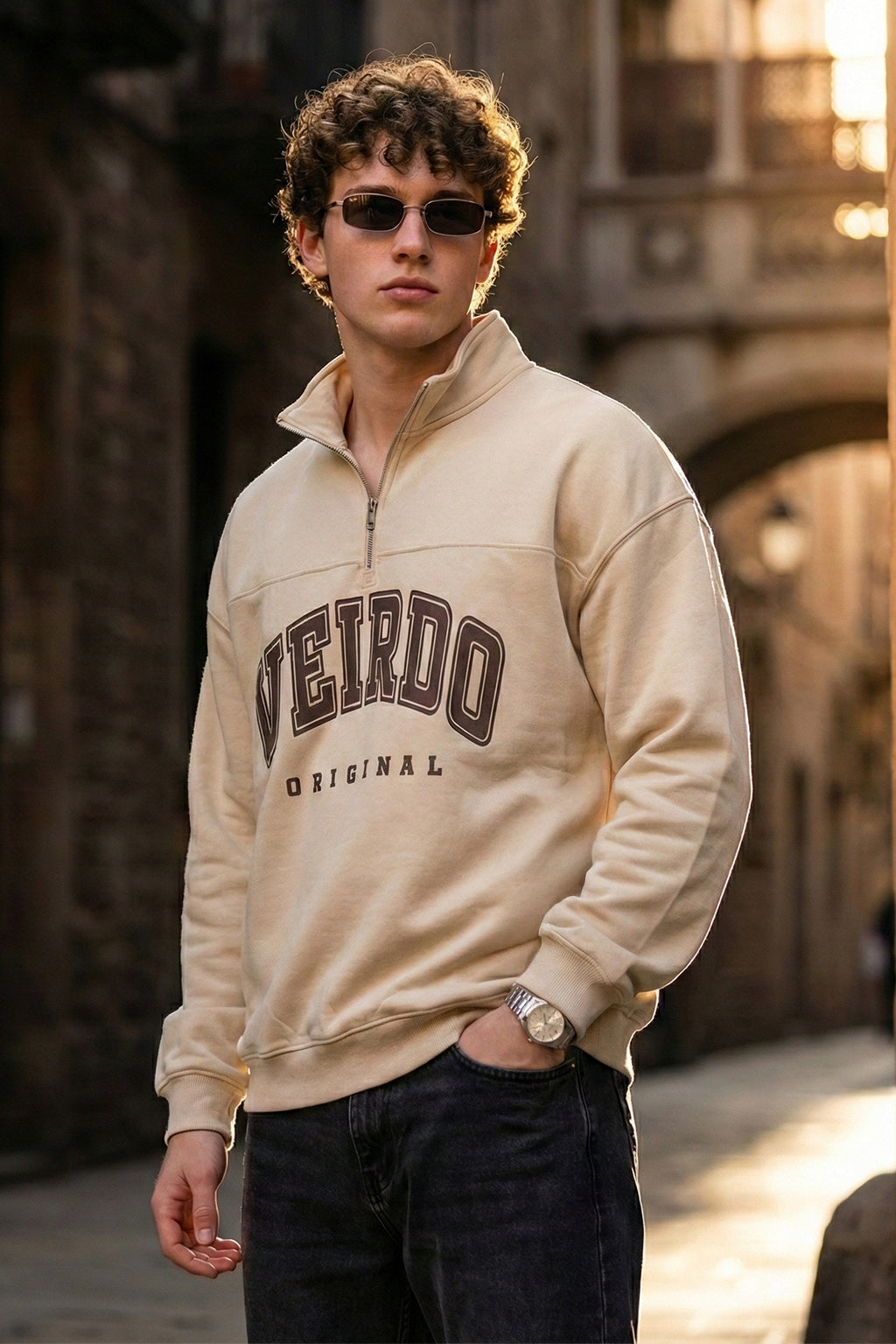 Veirdo Original Beige Oversized Full Sleeve Printed Exclusive Polo T-shirt