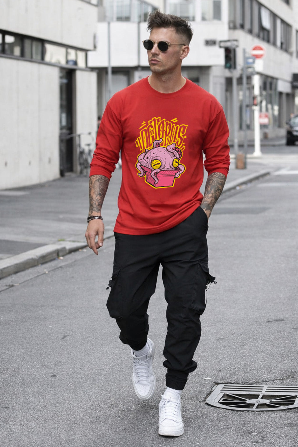 Octopus Red Full Sleeves Regular Fit Printed T-shirt