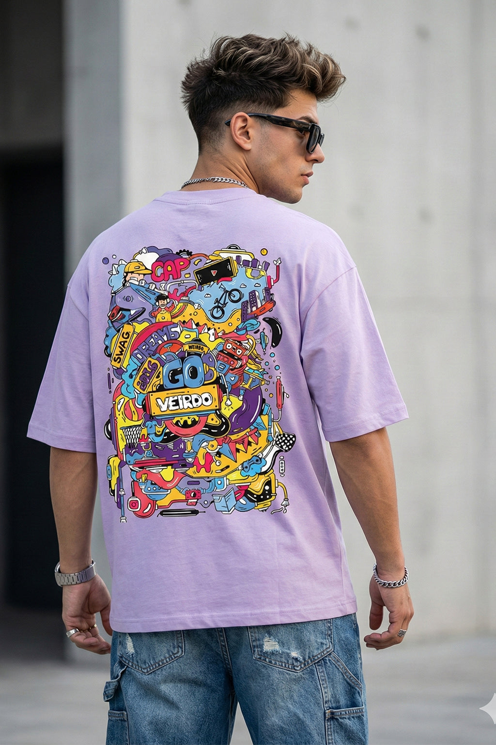 Doodle Lilac Oversized Back Graphic Printed T-shirt