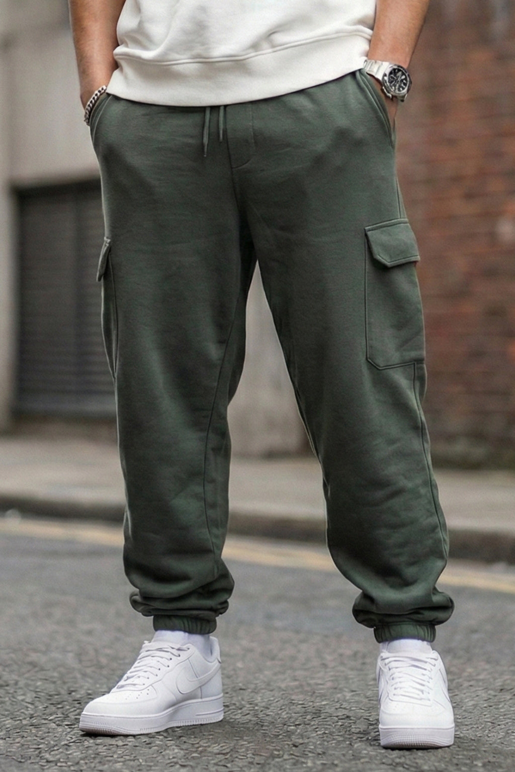 Grey Solid Baggy Fit Cargo Joggers