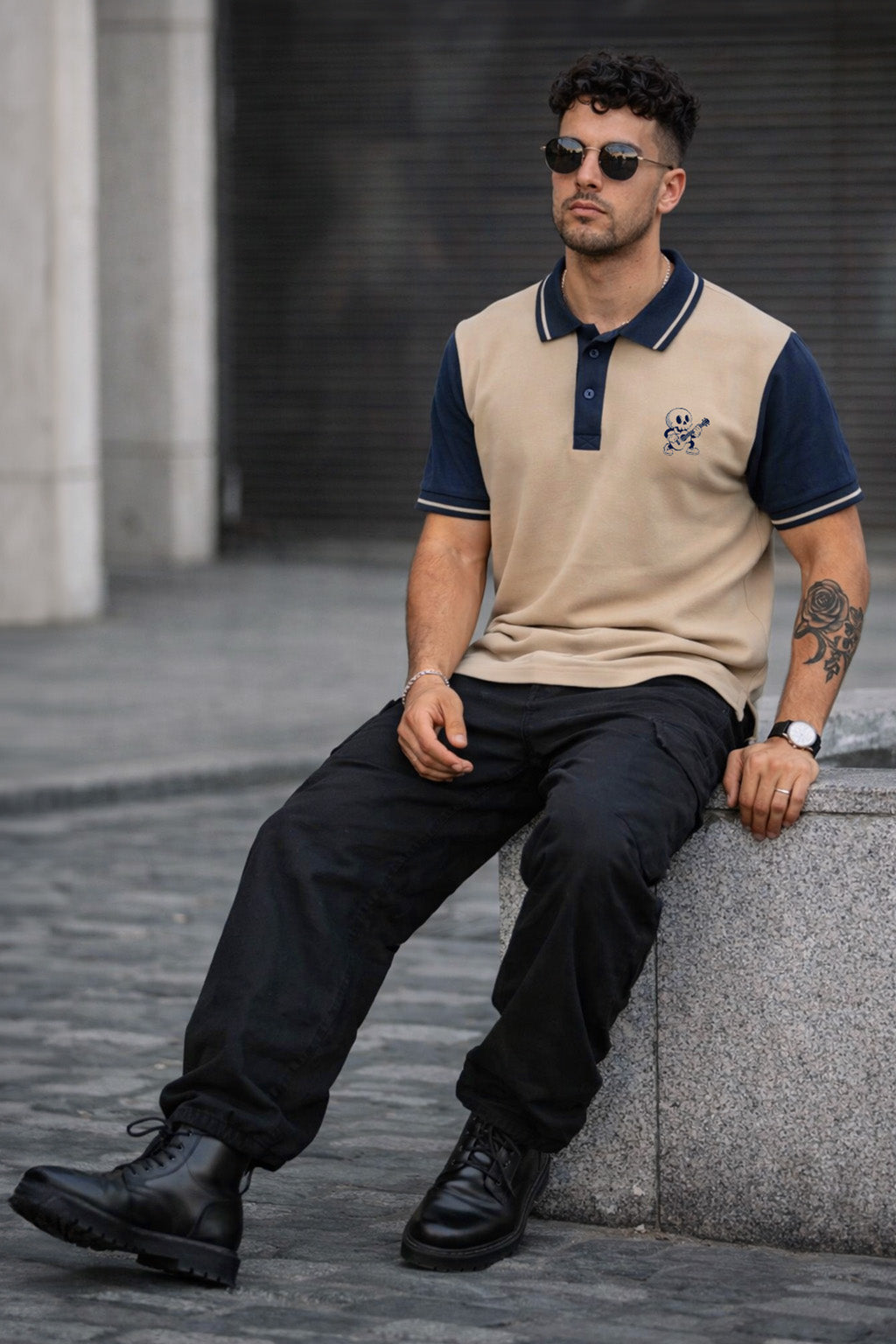 Guitar Swawhite Contrast Stripped Collar Economic Regular Fit Pique Polo