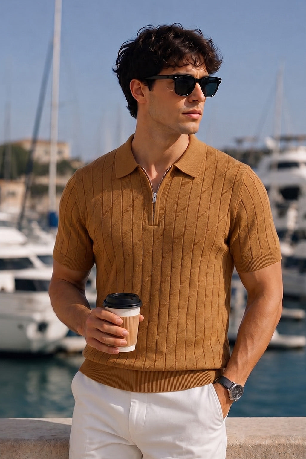 Brown Ribbed Flatknit Textured Regular Fit Exclusive Zipper Polo T-Shirt