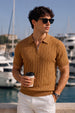 Brown Ribbed Flatknit Textured Regular Fit Exclusive Zipper Polo T-Shirt