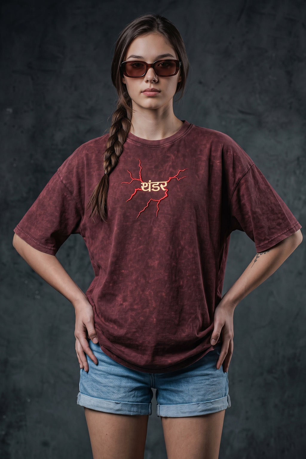 इंद्र थंडर Maroon Acid Washed Puff Printed Exclusive T-shirt Epic Collection For Women