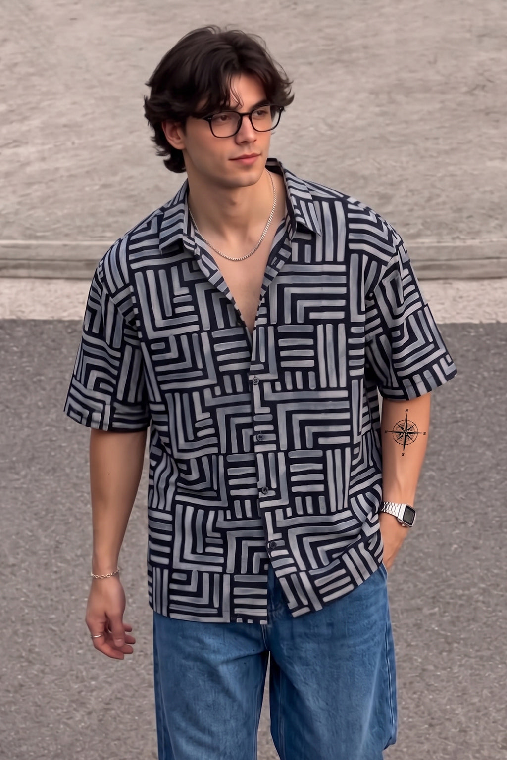 Geo Lines Black All Over Printed Oversized Exclusive Shirt
