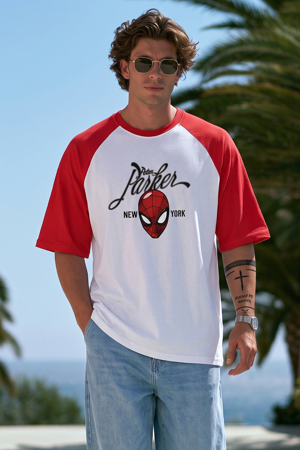 Peter Parker Red Raglan Oversized Printed T-Shirt