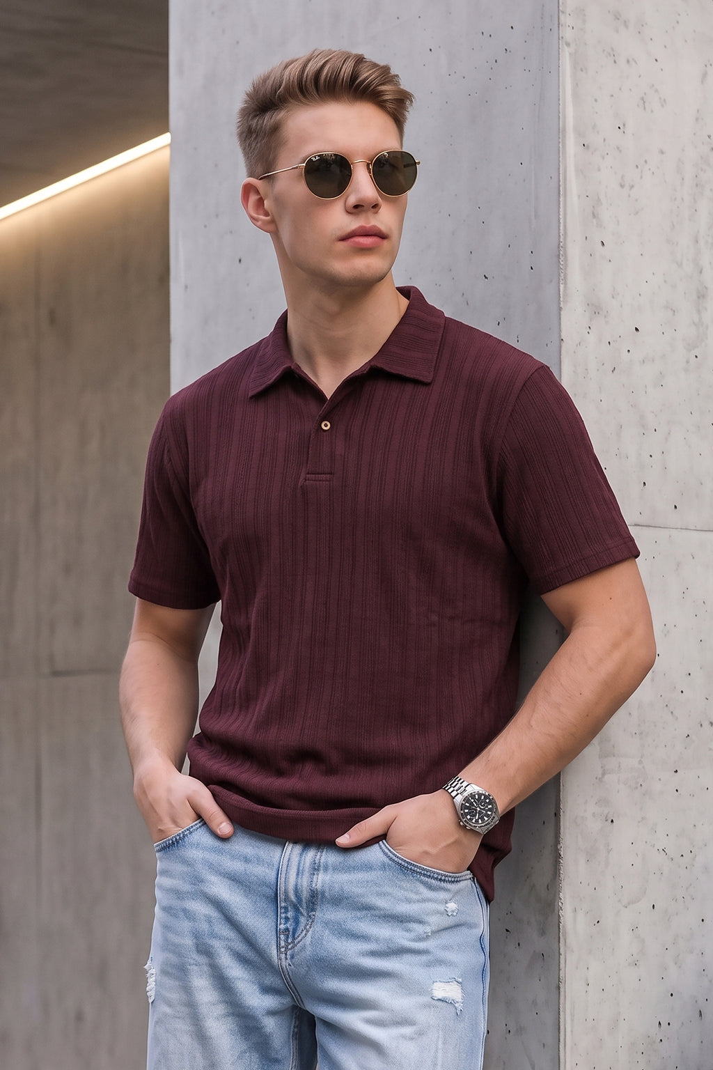 Wine Cross Lining Jacquard Regular Fit Button Polo