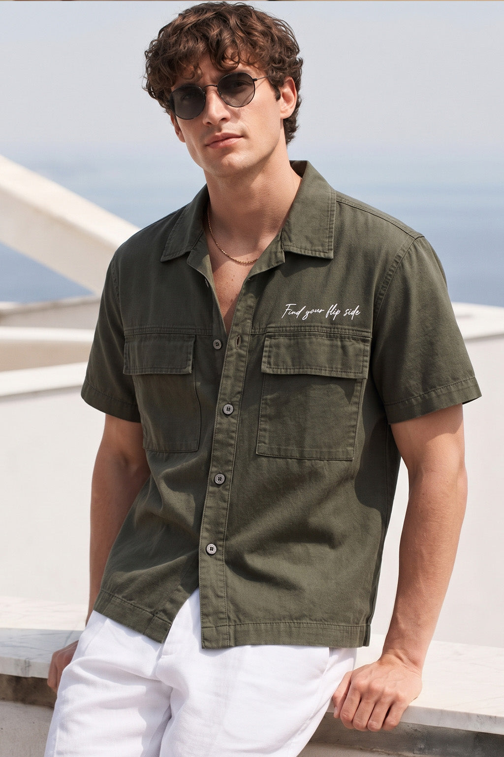 Olive Utility Twill Cropped Short-Sleeve Exclusive Shirt