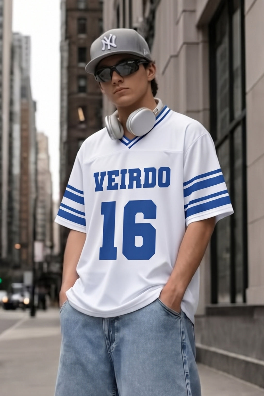 Veirdo 16 Blue & White Varsity Collar Oversized T-Shirt