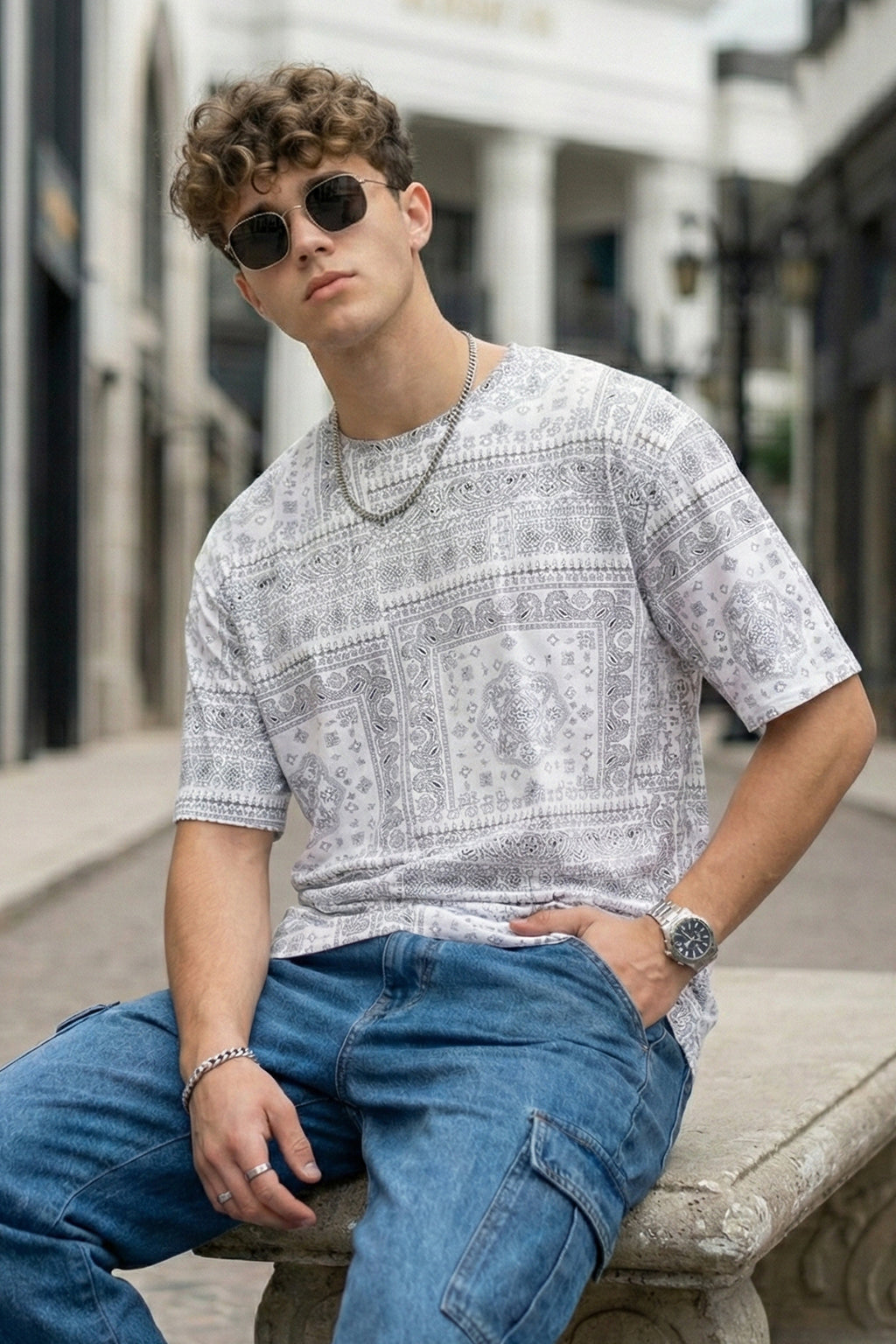 Paisley White Oversized All Over Printed T-shirt