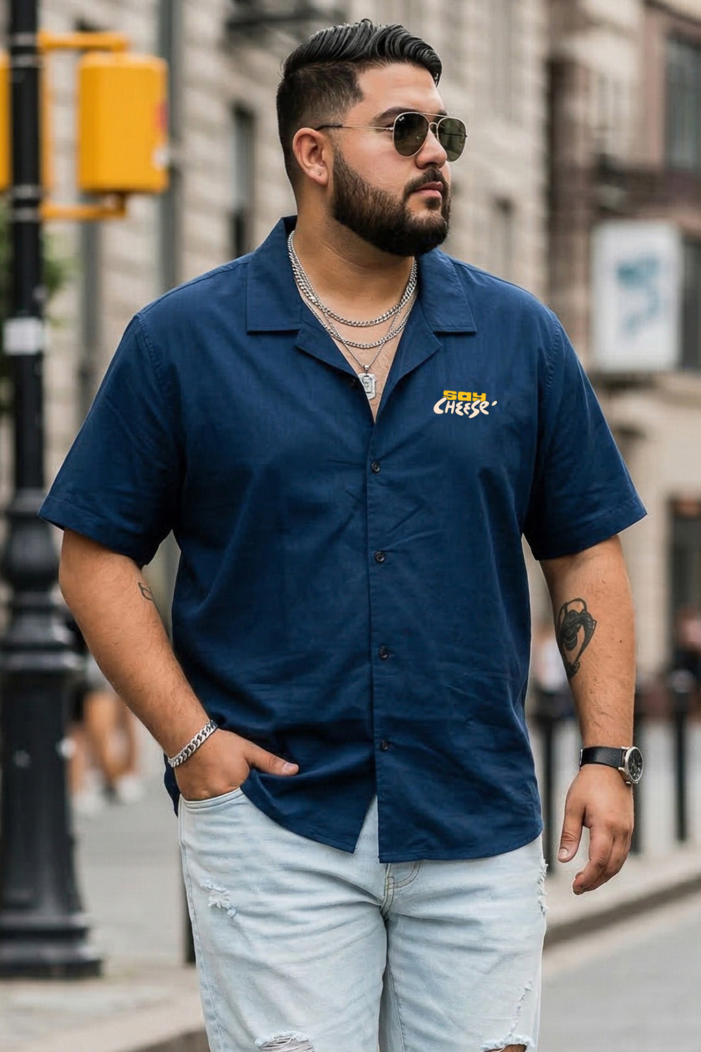 Say Cheese Navy Plus Size Printed Exclusive Shirt