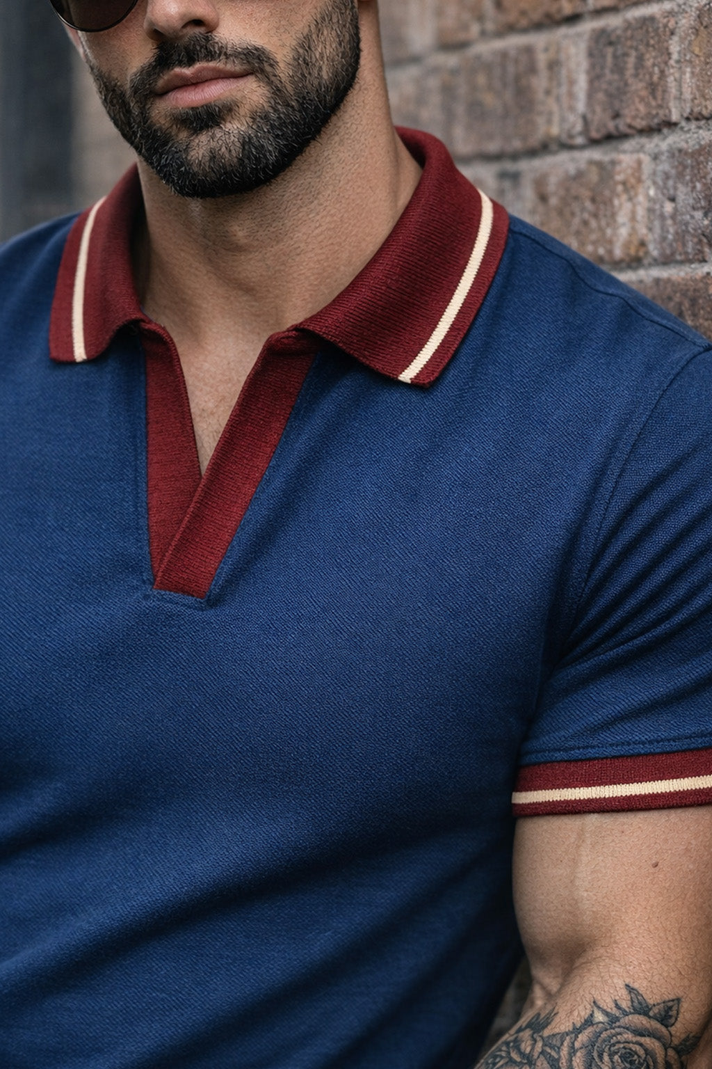 Navy Contrast Stripped Collar Economic Regular Fit Pique Polo