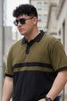 Olive And Black Striped Plus Size Polo T-shirt