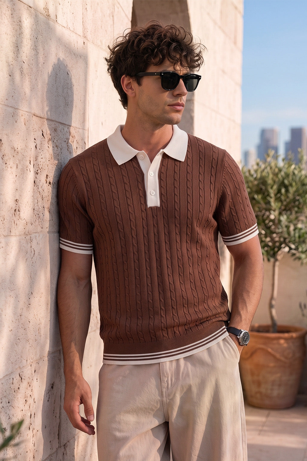 Cable Knit Brown Flatknit Textured Regular Fit Exclusive Button Polo T-Shirt