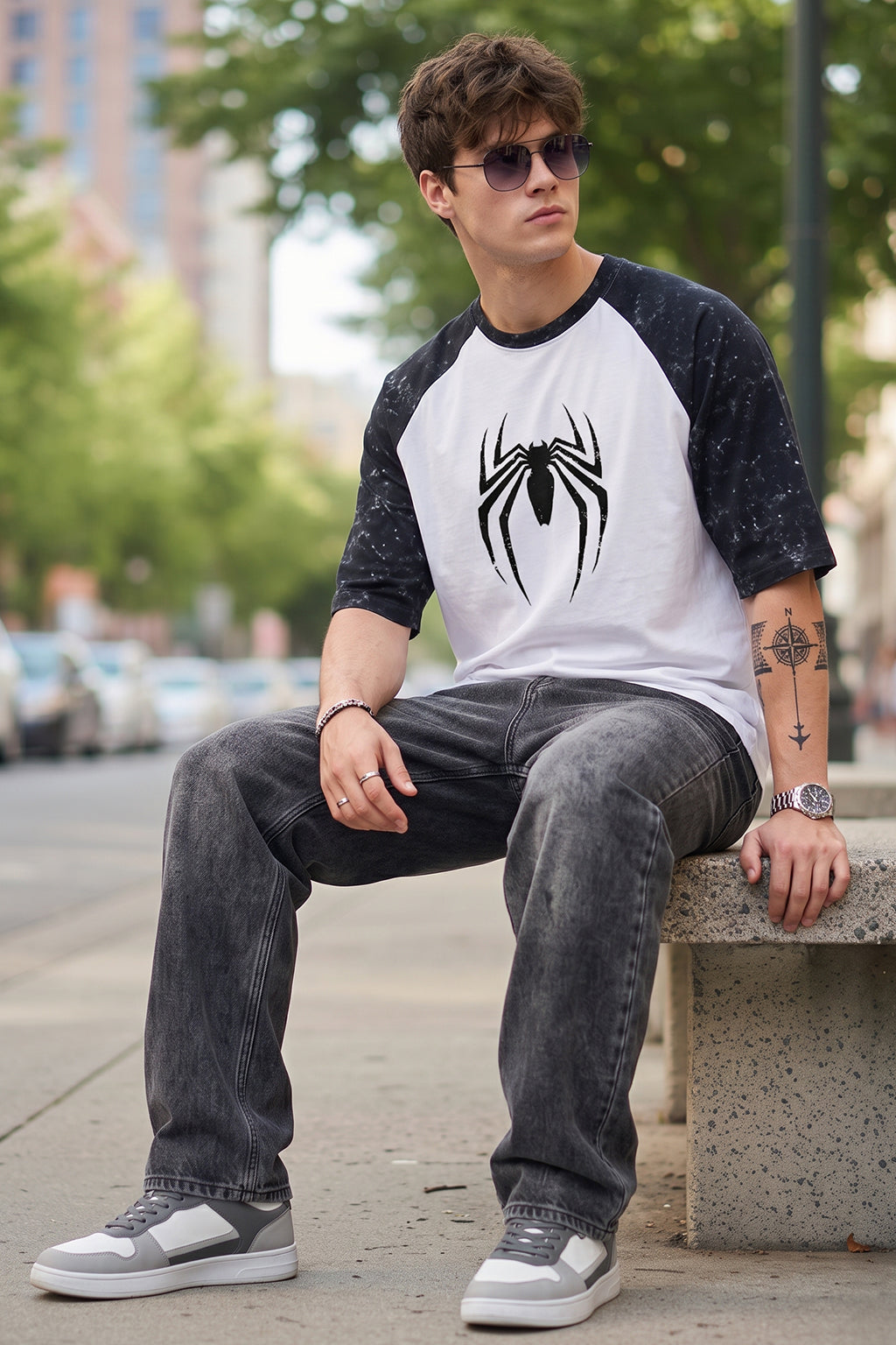 Spider Black Raglan Oversized Printed T-Shirt