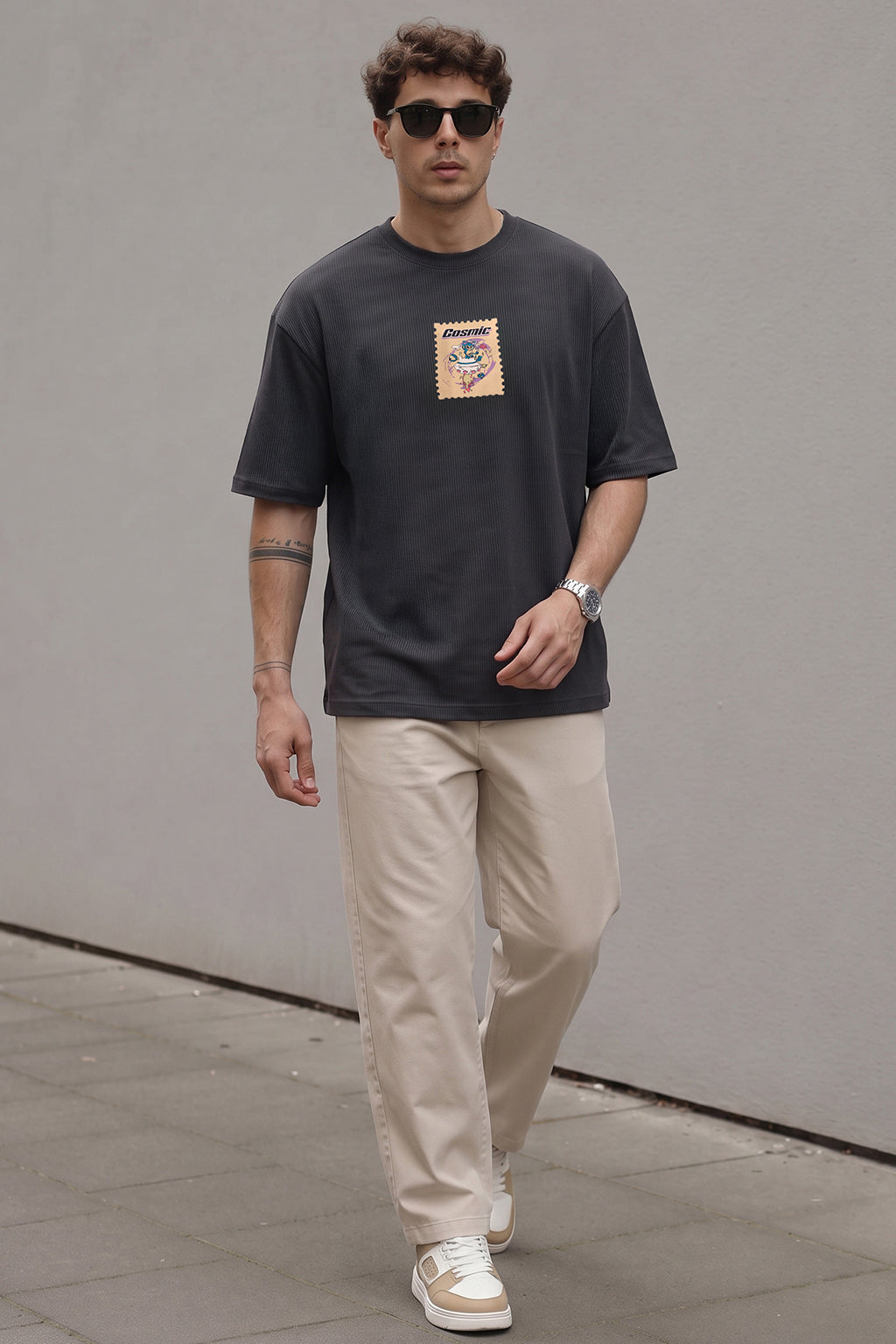 Cosmic Dark Grey Oversized Textured T-shirt